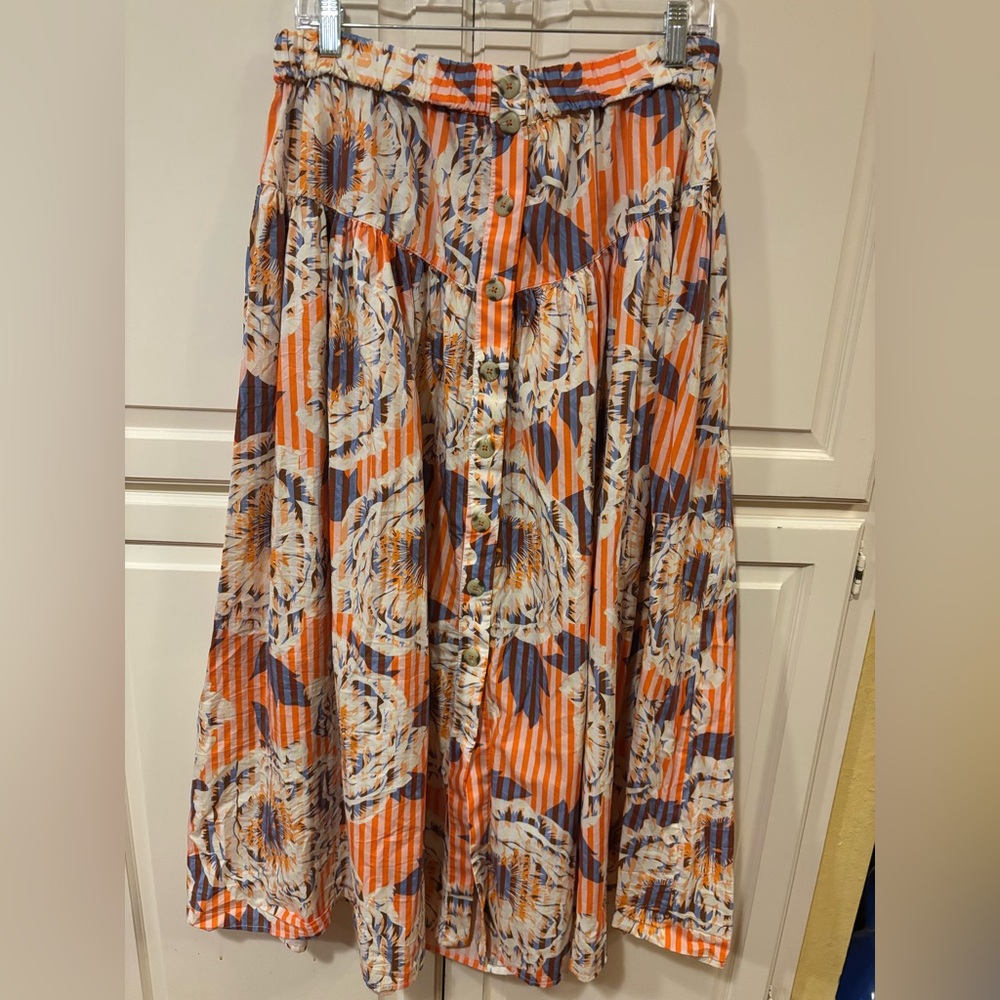 Anthropologie Floral Button-Down Skirt - Orange and Purple. Medium